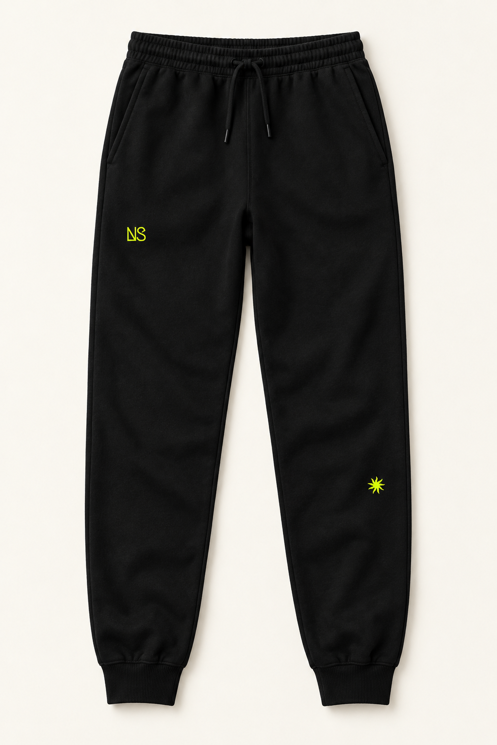 Black NEON SUN joggers flat lay
